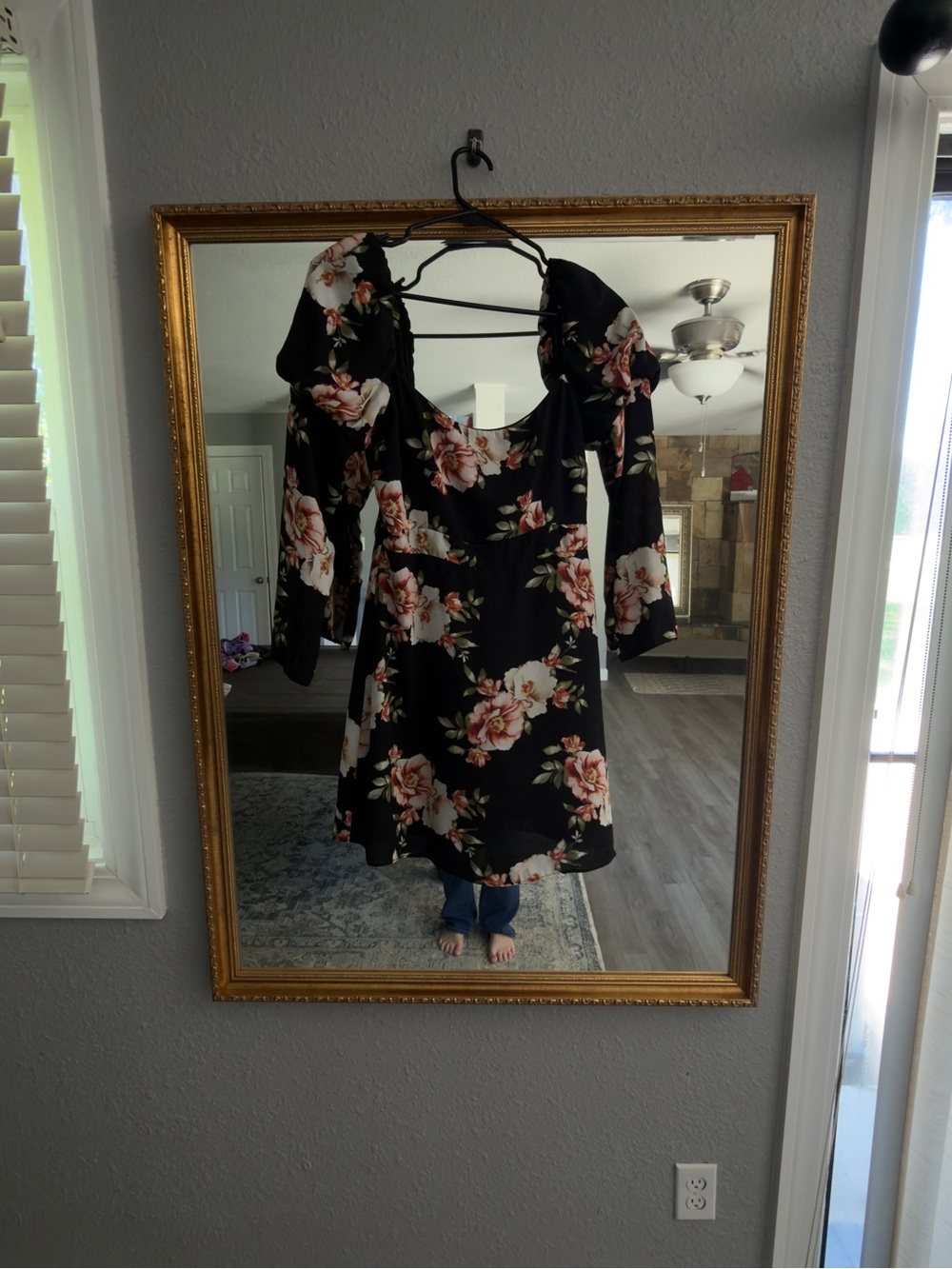 Black Floral Long-Sleeve Mini Dress with Puff Shoulders